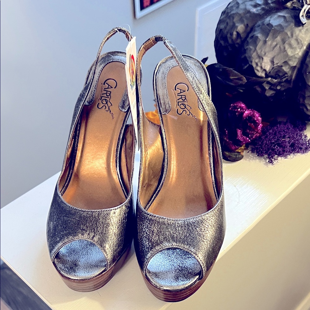 CarloWomen's Gunmetal/Silver Peep Toe Slingback Heels SZ 7